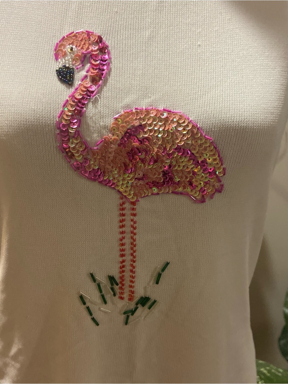 Women’s White Sleeveless Top with Pink Sequin Flamingo - Picture 2 of 5